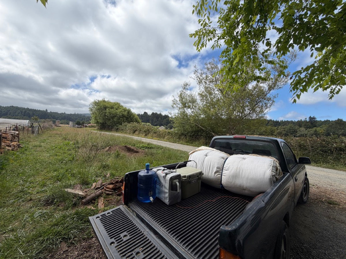 Spout water gear loaded in a pickup truck bed