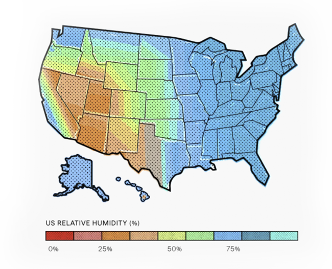 Map of US relative humidity showing where awg machine works.